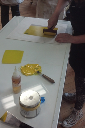Rose inking Perspex (plexiglass) plate in yellow