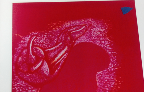 Red plate situated on top of the first yellow print. Ready to run through the press!