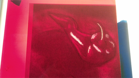 Working on red ink plate over the light box.