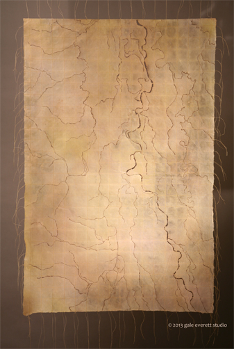 Mixed Media: hand colored kozo paper, burned, stitched, waxed. Gale Everett 2013